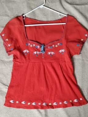 Embroidered Red Boho Square-Neck Top